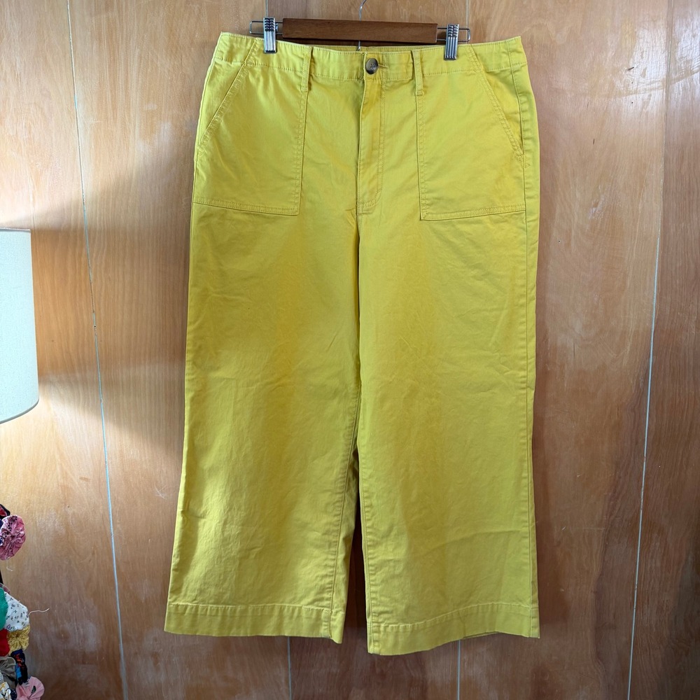 St Johns Bay Womens Wide Leg Crop Pants Yellow High Rise Size 16 Stretch Cotton